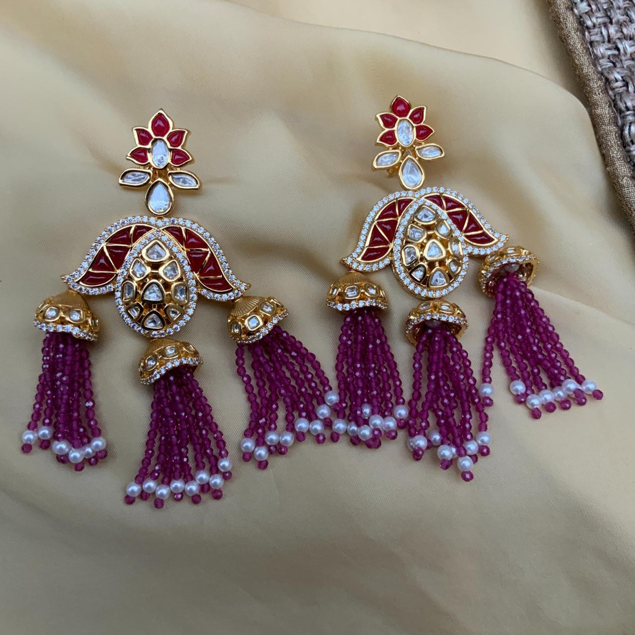 Yaalz Silk Thread Kundan Stone Jhumka Earring In Dark Pink Color